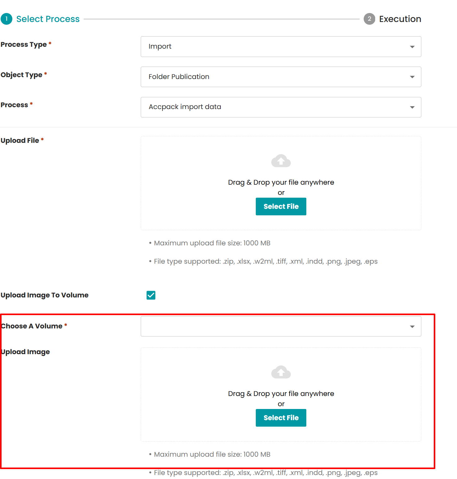 The import form with Upload Image To Volume enabled